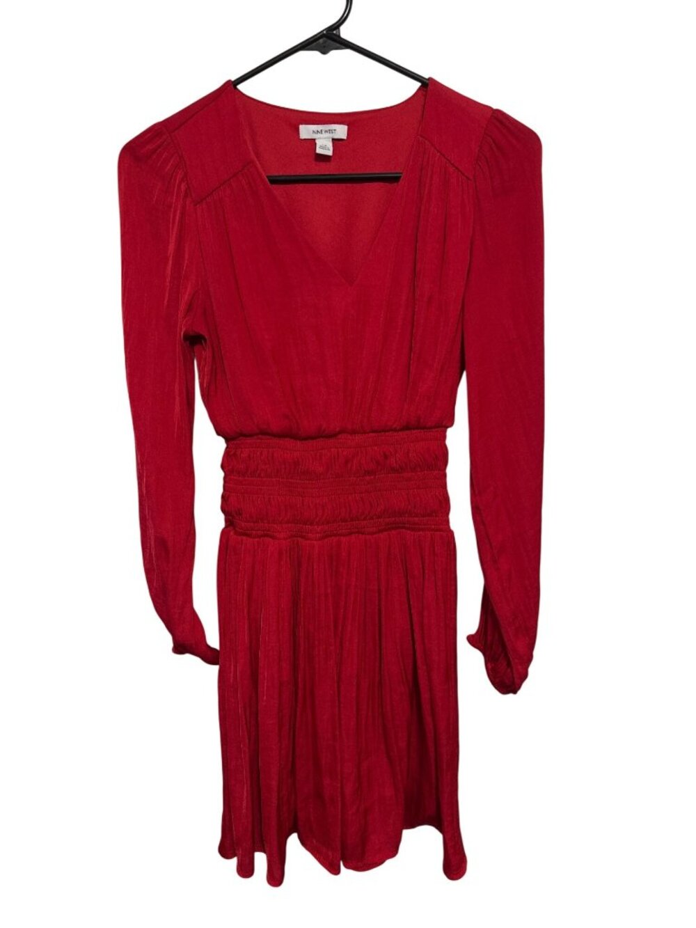 Nine West Red Long-Sleeve V-Neck Smocked Waist Mini Dress XS